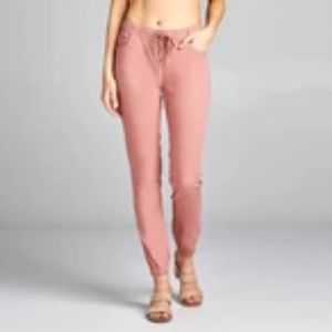 Waist drawstring roll cuff detail washed denim jog